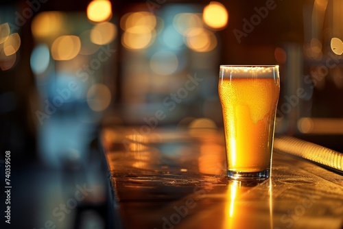 serene glass of beer on a rustic bar table, golden light, Generative AI