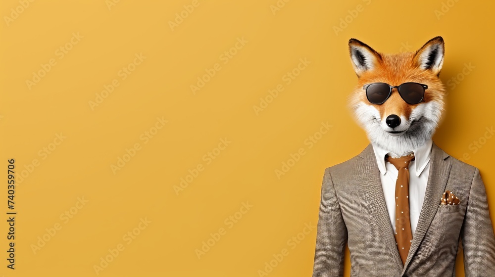 Friendly fox in business suit pretending to work in corporate office, studio shot on plain wall - obrazy, fototapety, plakaty 