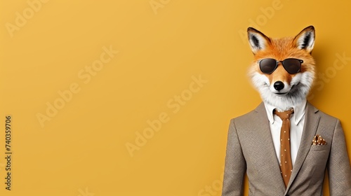Friendly fox in business suit pretending to work in corporate office, studio shot on plain wall
