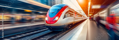 Modern passenger train in motion on railway tracks amidst nature, transportation concept, panorama