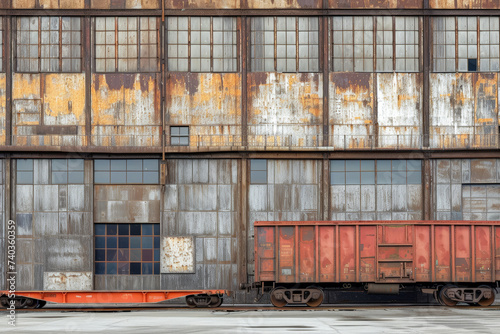Facade of a large old Factory Industrial Building, front view, freight train with cargo containers in front
