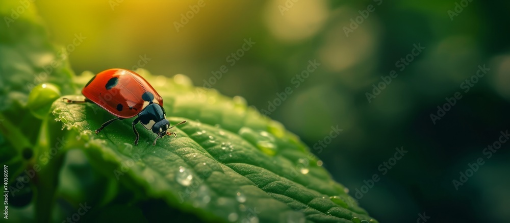 An insect, a ladybug, is perched on a green leaf covered in water drops in a natural landscape. The arthropod is not a parasite or pest, but a beneficial creature for terrestrial plants An insect, a ladybug, is perched on a green leaf covered in water drops in a natural landscape. The arthropod is not a parasite or pest, but a beneficial creature for terrestrial plants