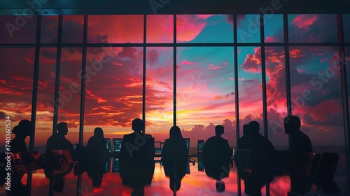 People Silhouettes in A Meeting Room with A Beautiful Colorful Sky on Window  © Humam