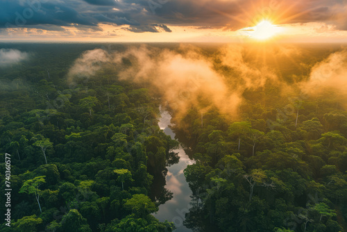 Amazon Aerial Symphony: A Mesmerizing Sunset Over the Vast Amazon Rainforest, Unveiling the Rich Biodiversity of Brazil, Peru, Colombia, and Other Amazonia Countries photo