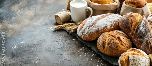 A stone table is adorned with an assortment of crusty bread loaves alongside a steaming cup of coffee, creating an inviting and rustic scene. © AkuAku
