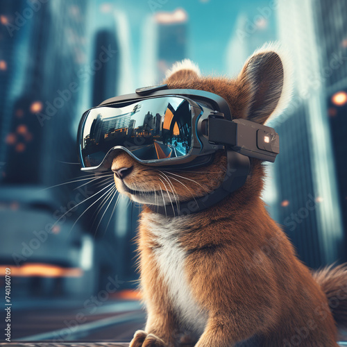 Squirrel in a futuristic city with VR glasses