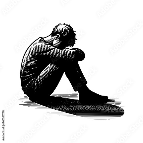 Side profile portrait hand drawn of depressed teenage boy sitting on ground thinking