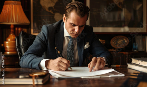A businessman wearing suit is sitting at the table and signing the contract