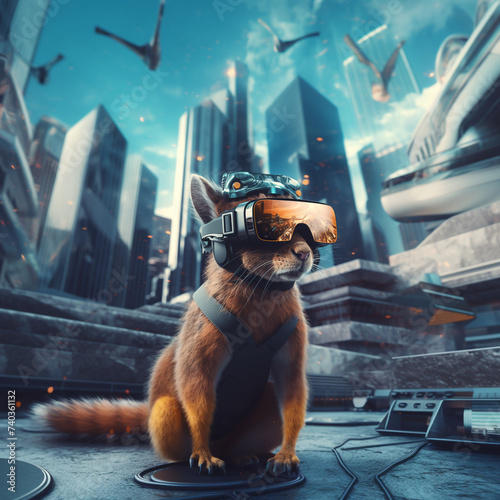 Squirrel in a futuristic city with VR glasses