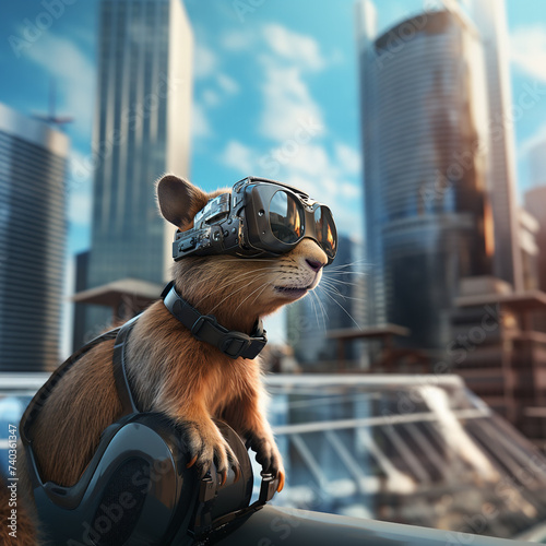 Squirrel in a futuristic city with VR glasses