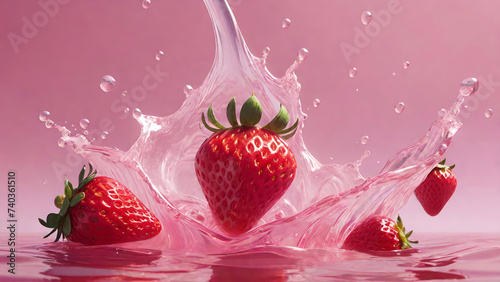 Red fresh juicy strawberries with splashes on pink background.Fruit freshness, summer berries.
Generative AI