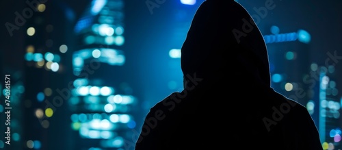 Mysterious person in hoodie gazing at illuminated cityscape at night photo