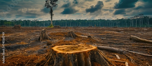 A stark image showcasing the dire consequences of deforestation with tree stumps and scattered debris under a cloudy sky signaling environmental distress. photo