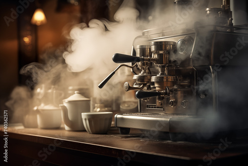 Fototapeta Naklejka Na Ścianę i Meble -  Professioneller Kaffeevollautomat, Frisch gebrühter Kaffee, Espresso, Wasserdampf sieht edel aus