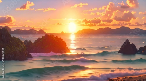 Tropical ocean beach and beautiful color sunrise or sunset over sea shore in anime style photo