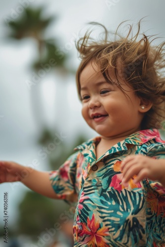 Happy little girl playing on the beach with palm trees in the background