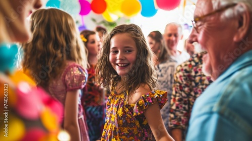 Cheerful little girl having fun with her family at birthday party
