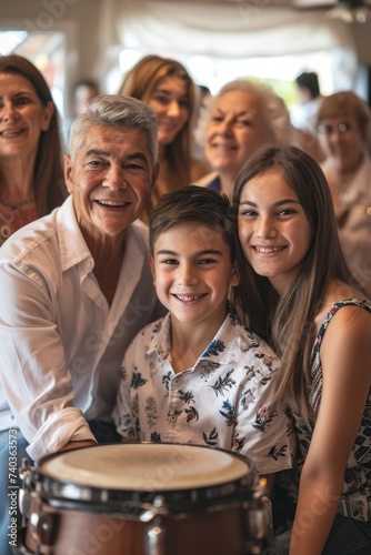 Portrait of happy family sitting together and looking at camera in restaurant