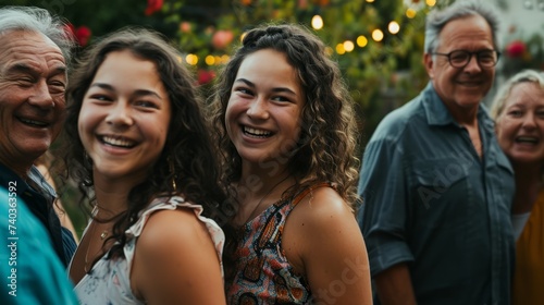 Group of friends having fun at a birthday party. Multiethnic group of people having fun outdoors.