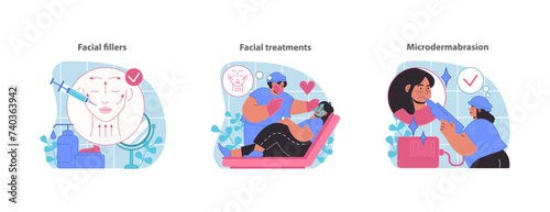 Facial enhancement set. Illustrating filler injections, comprehensive skincare treatments.
