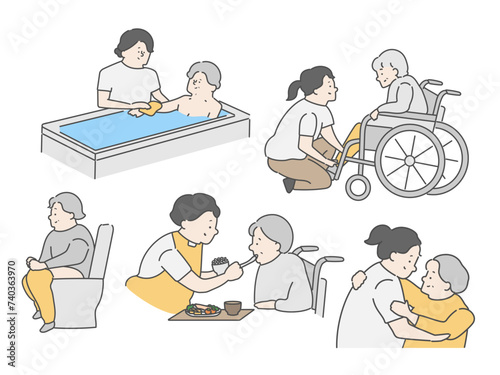 介護施設　介護現場　イラストセット（入浴　食事　排泄）