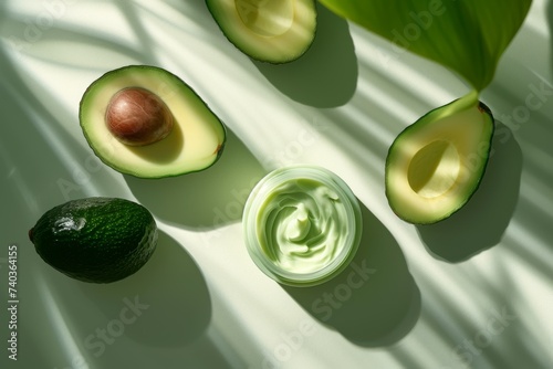 Avocado and cream jar on green background