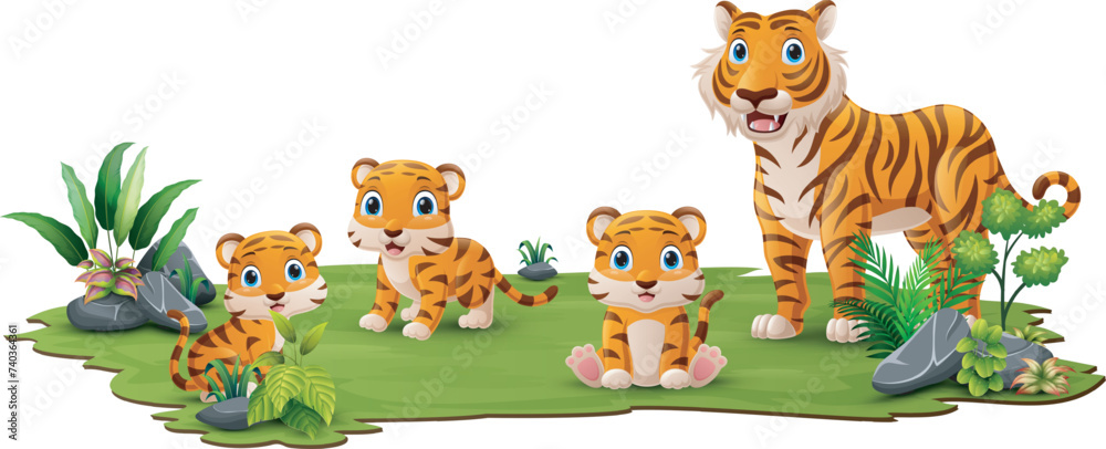 Naklejka premium Cute tigers cartoon in the jungle