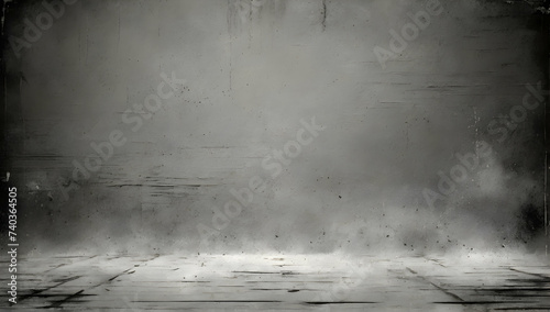 Dark and grungy room with a focus on the weathered floor and walls. Empty interior with a rough and vintage texture, eerie mood.