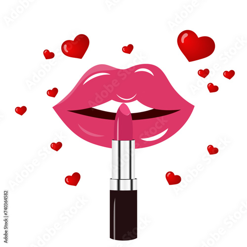 Opening hot lips with lipstick and hearts around 