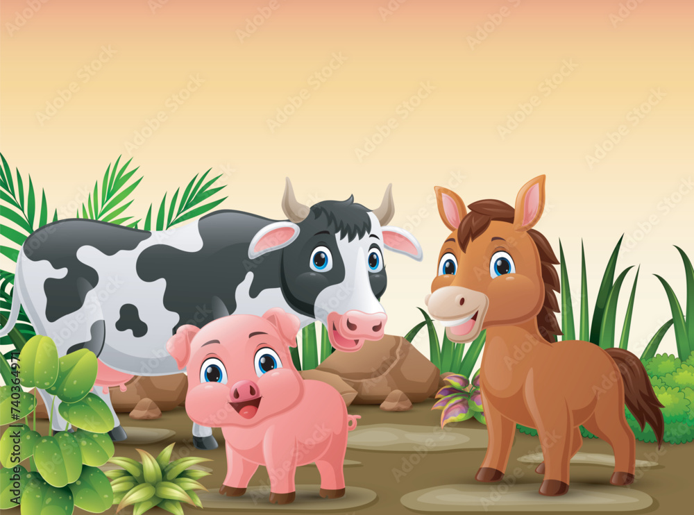 Cute farm animals cartoon in the jungle Cute farm animals cartoon in the jungle