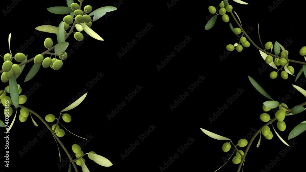 Olive Tree Branches with Growing Berries Forming  Screen Frame In and Out - Alpha Channel - Artistic naturalistic realistic 3D animation isolated on transparent background
