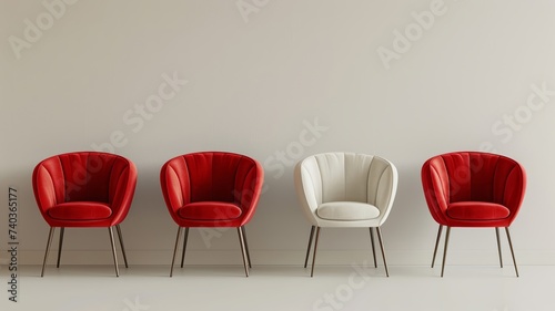 Elegant lineup of red and one white designer chairs on a minimal backdrop