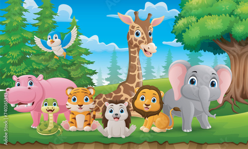 Cute wild animals cartoon in the jungle