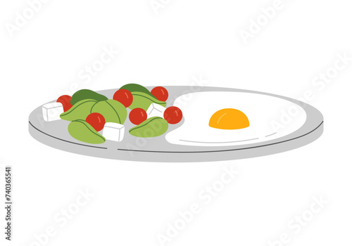 Healthy breakfast food on plate, side view of fried egg, feta cheese, cherry tomatoes and basil salad vector illustration