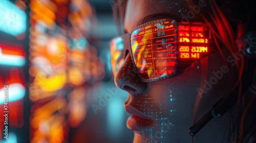 A futuristic trading floor shows traders wearing augmented reality headsets as they analyze holographic graphs of various stocks and currencies. The everchanging holographic