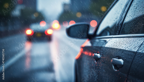 Rain-soaked street, blurred lights, and a red car through the wet windshield in a city traffic jam. © SHOTPRIME STUDIO