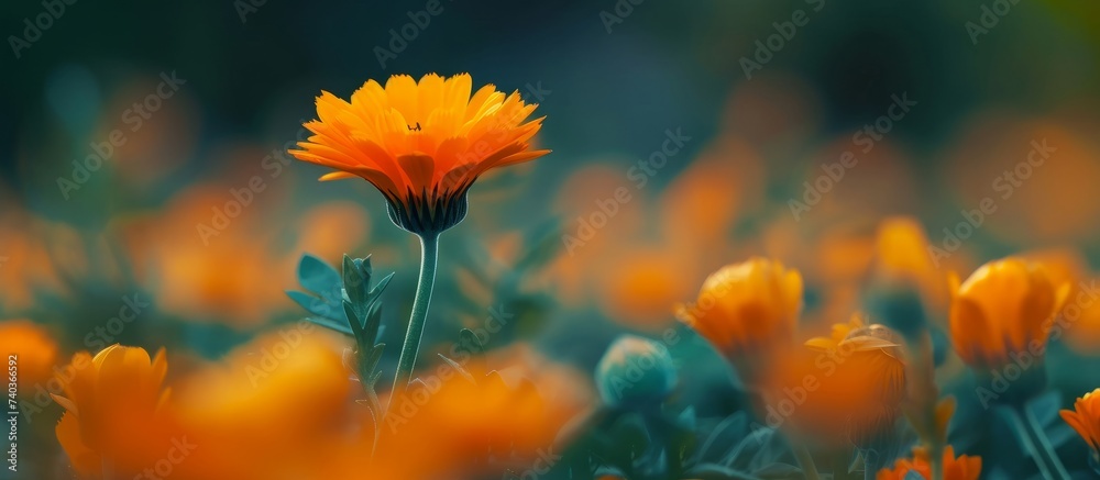 A patch of orange flowers with a lone yellow bloom in the front, set against a backdrop of blue sky. The herbaceous plants are filled with vibrant petals and pollen