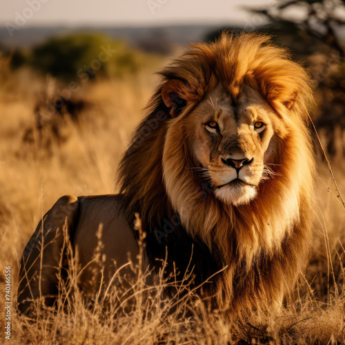 The Majestic King of the Savanna  A Beautiful Portrait of a Male Lion Resting in the African Wilderness  Kenya.