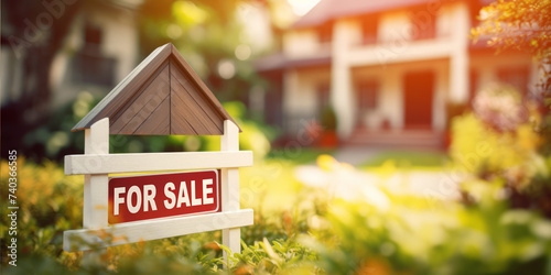 Sign for sale and house on blurred background. Ai generative illustration