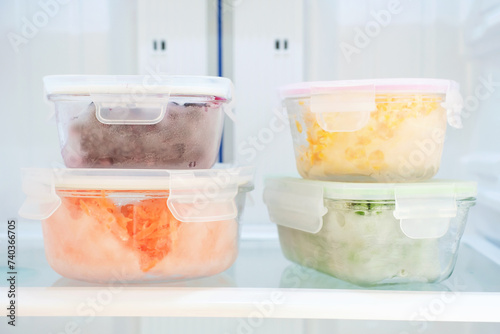 Obraz na płótnie Vegetables and berries in glass boxes in the freezer close-up.