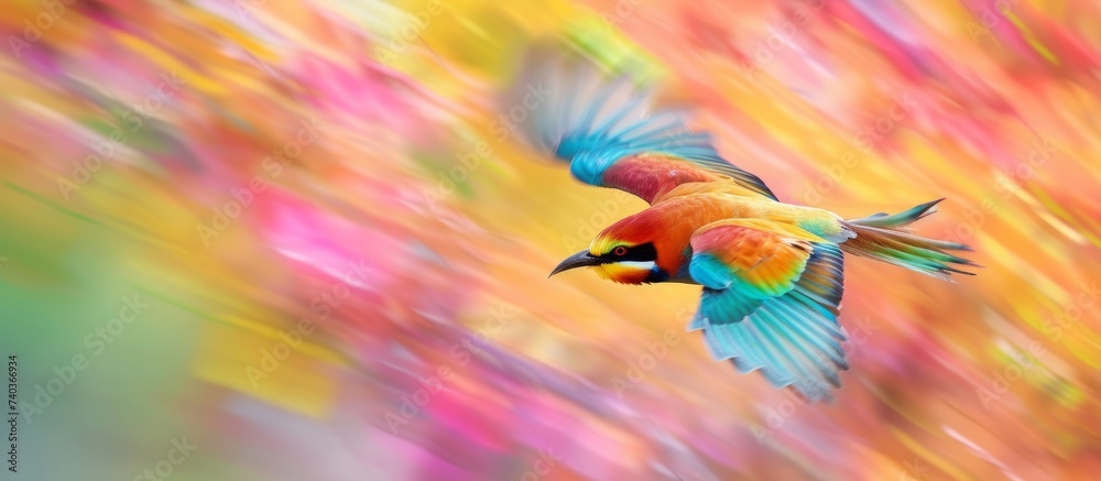 Obraz premium Vibrant colorful bird soaring majestically in the clear blue sky