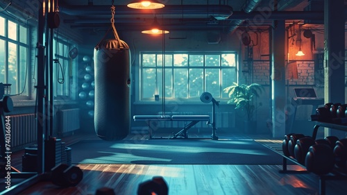 Industrial style gym with punching bag and weights for urban fitness enthusiasts photo