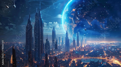 futuristic city,universe, blue