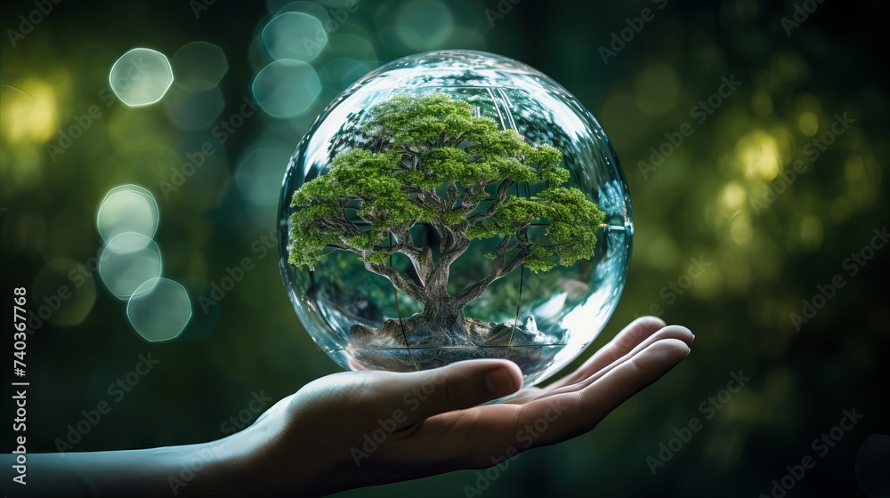 Robot Hand Holding Earth Crystal Globe with Tree: Eco-Friendly Sustainability Concept, Canon RF 50mm f/1.2L USM