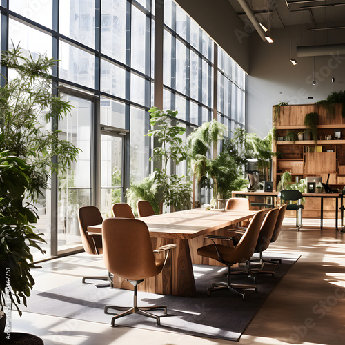 Office Interior with Large Windows, Plants, and Relaxed Ambiance