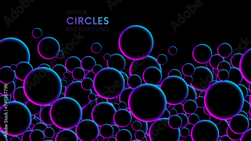 Fluorescent circular particles dynamic flow. Luminous floating balls in blue and pink neon glow colors on black. Futuristic random flying neon glowing circles, spheres or bubbles. Vector background