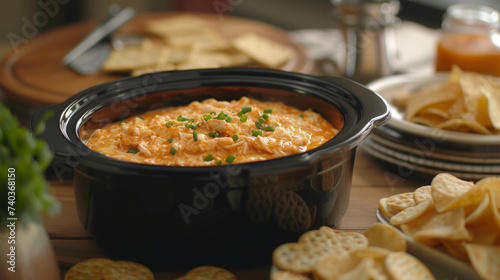 A crockpot filled with y buffalo chicken dip surrounded by chips and crackers for dipping.