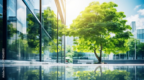 Sustainable Urban Architecture: Eco-Friendly Glass Office Building with Greenery, Canon RF 50mm Shot