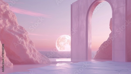 Surreal pastel scene with moonrise over arches in a dreamy landscape photo