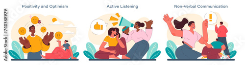 Rizz concept set. Illustrations capturing positivity, active listening, and non-verbal cues